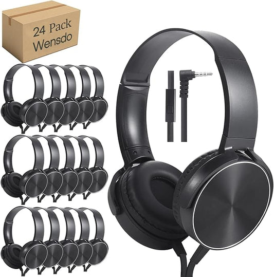 24 Pack Classroom Headphones Bulk with Microphone for Kids School Students, Wholesale Durable Wired Headsets Class Set for Children and Adult (24, Black)