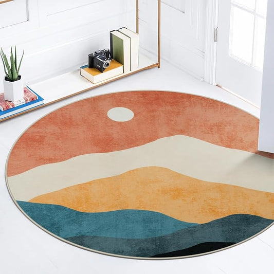 Abstract Round Rug 3ft, Faux Wool Soft Throw Area Rugs, Washable Farmhouse Small Circle Rug, Floor Low Pile Mats for Bedroom Bathroom Laundry Room Nursery Decor
