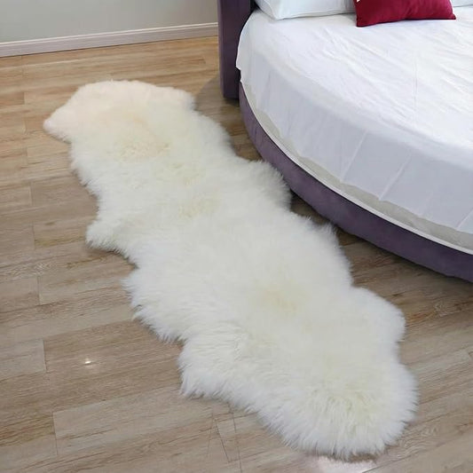 Woolous Genuine New Zealand Sheepskin Double Pelt Rug - Handmade Sheep Skin Runner Rug, Soft Thick Natural Bedside Area Rug for Bedroom and Living Room Decor, 2x6 ft