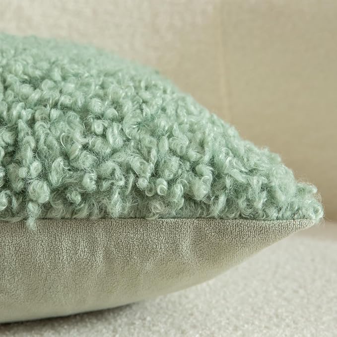 Yaertun Pack of 2 Faux Fur Throw Pillow Covers Decorative Sherpa Boucle Pillow Covers Fuzzy Soft Pillowcases Sheepskin Fleece Cushion Case for Couch Sofa Bed Living Room 16x16 Inch Sage Green