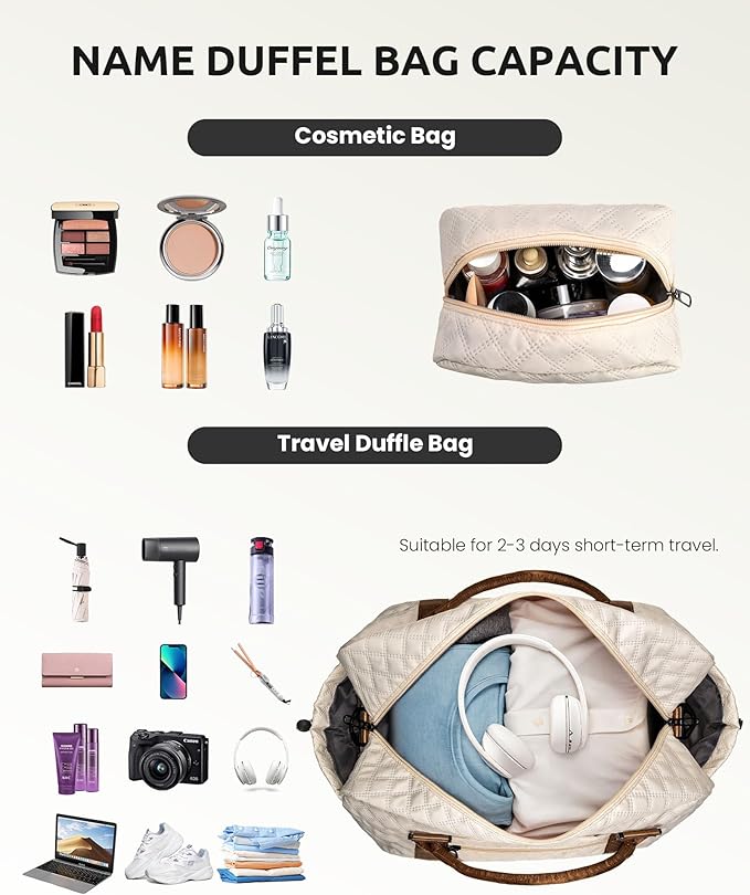 Vogewood Initial Duffle Bag with Shoe Compartment, Personalized Weekender Bag, Monogram Overnight Bag for Women with Trolley Sleeve & Wet Pocket, Letter Travel Bag with Makeup Bag (Letter J), Beige