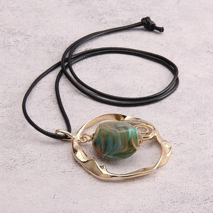 Leather Necklace for Women Boho Choker Necklace Long Cord Leather Pendant Bohemian Neckalce Vintage Alloy Pendant Leather Rope Necklace Wooden Necklaces for Women