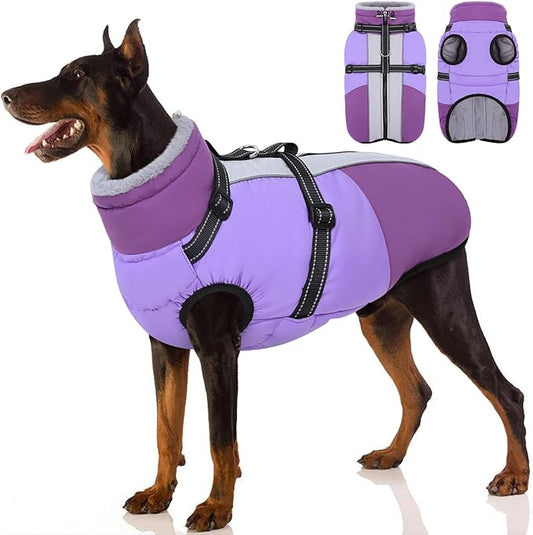 SUNFURA Dog Coat, Dog Jacket for Large Dogs with Harness Built in, Warm Pet Winter Coat Zip Up Snow Jacket with Furry Collar for Boston Terrier, French Bulldogs, Purple L