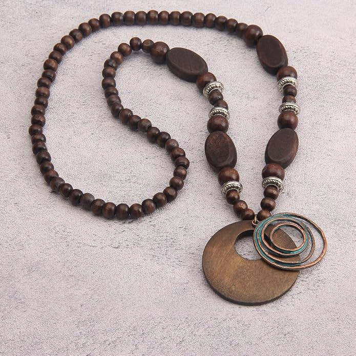 Leather Necklace for Women Boho Choker Necklace Long Cord Leather Pendant Bohemian Neckalce Vintage Alloy Pendant Leather Rope Necklace Wooden Necklaces for Women