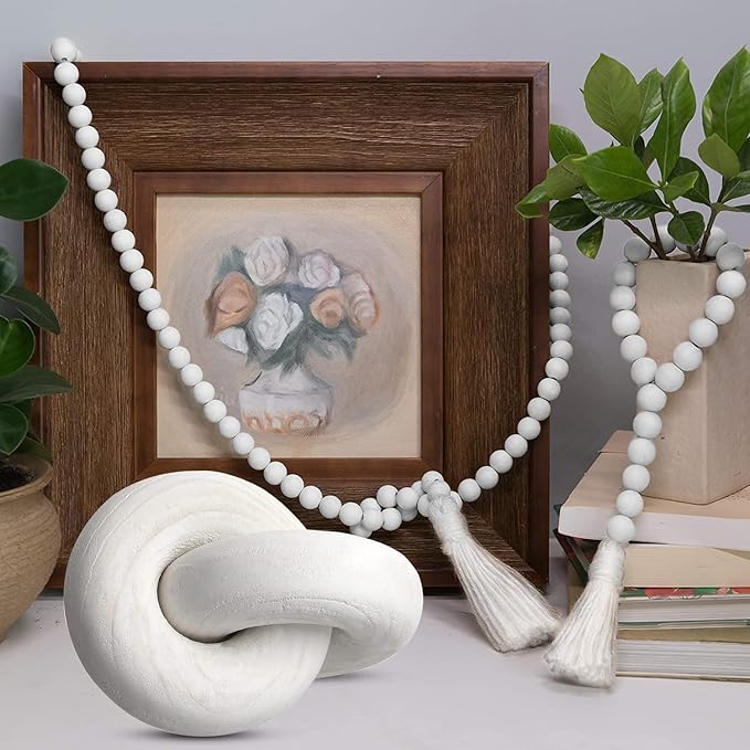 2 Pcs/Set Decorative Chain Link & Knot Decor Wood Bead Garland for Farmhouse Prayer Living Room Coffee Table Desk Shelf Decorations Hand Carved