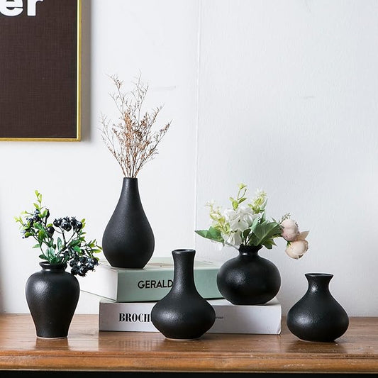 Black Bud Vases, Ceramic Small Vase Set of 5, Mini Vases for Fresh and Dried Flowers, Modern Home Decor, Pottery Centerpiece Table Decorations
