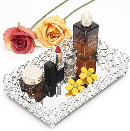 Elegant Silver Crystal Mirror Perfume Tray for Vanity, Coffee Table, and Home Decor - Small Glass Tray for Jewelry, Perfume, and Decorative Items - Bandeja para Perfumes, Perfume Trays for Dresser