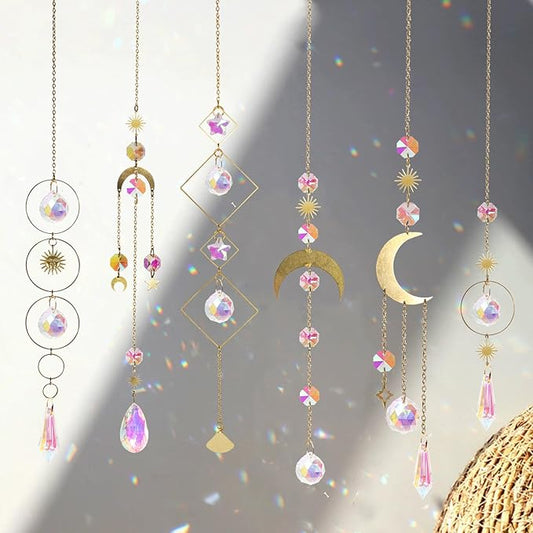 6pcs Crystal Suncatcher, Sun Catcher Hanging for Windows, Spiritual, Rainbow Maker, Crystal Indoor Garden Home Decor,Gemstone Prism（Set 2）