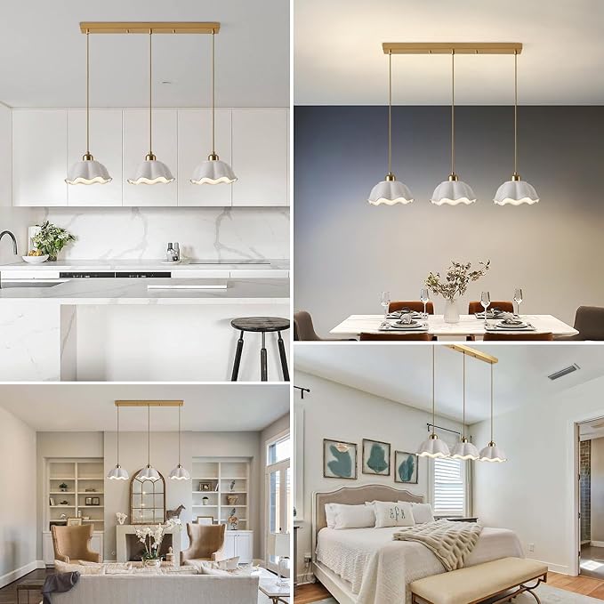 3-Light Hanging Pendant Light Fixtures Gold Kitchen Island Lighting Vintage Milk Glass Light Adjustable White Wave Ceramic Hanging Ceiling Light Nordic Retro Ceiling Lamp MPL11-3S GD