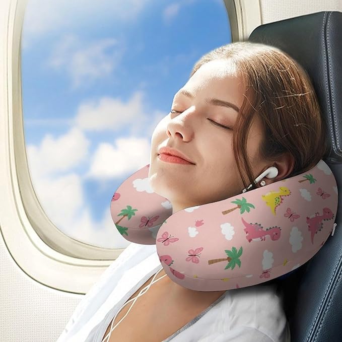 Cute Travel Neck Pillow Pink Cute Dinosaurs Memory Foam U Shaped Cushion, Washable Cover for Boys Girls Airplane Car School Nap