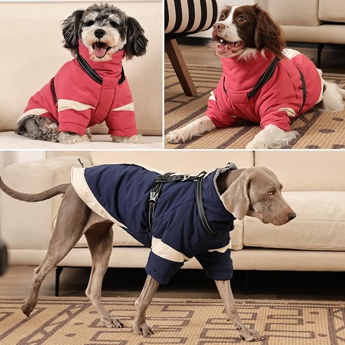 MIGOHI Thermal Large Dog Coat with Harness Waterproof Jacket for Large Dogs,Thick Dog Winter Coat,Snow Jacket for Dogs Windproof for Hunting Camping Chilly Days,Doberman,Great Dane,XXXL,Pink