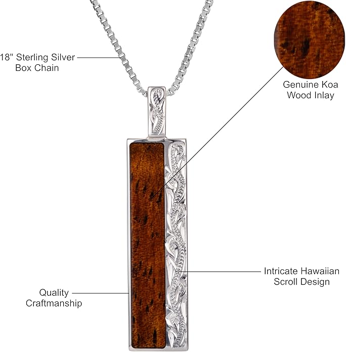 Aloha Jewelry Company 925 Sterling Silver Hawaiian Heirloom Scroll Koa Wood Bar Necklace Pendant with 18" Box Chain, Nickel Free Hypoallergenic for Sensitive Skin, Gift Box Included