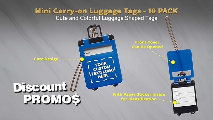 10 Mini Carry-on Luggage Tags Pack - Customizable Text, Logo - Flip Open Cover, ID Sticker - Blue