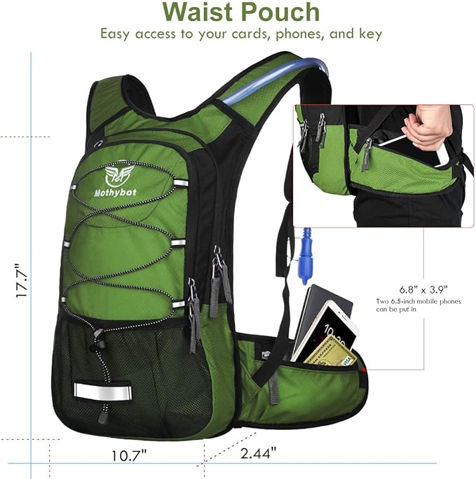 Mothybot Insulated Hydration Backpack Pack with 3L BPA Free Leak Proof Water Bladder, Large Storage Lightweight Hiking Daypack with Waist Pouches & Cooler Layer, for Running, Biking, Camping, Festival