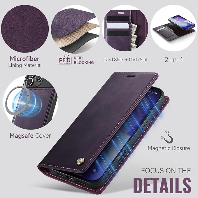 PlusnapX Wallet Case for iPhone 17 Pro Compatible with Magsafe, 2-in-1 PU Leather Flip RFID Blocking Card Holder Stand Shockproof Magnetic Detachable Cover for iPhone 17 Pro Case 6.3", Retro Purple