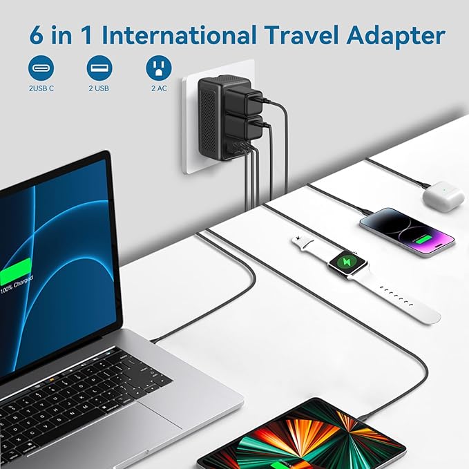 Upgraded 2000W 220V to 110V Voltage Converter US to Europe Travel Adapter for Hair Dryers with Fast Charging International Travel Adapter with 2 USB A and 2 USB C Power Converter Adapter (B-2U2C)