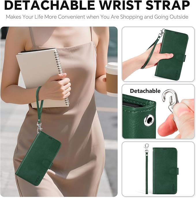 TUCCH 2-in-1 Removable Wallet Case for iPhone 17 Pro (6.3-inch) 2025, Wireless Charging | RFID Blocking 4 Card Holder | Wrist Strap | Kickstand | Magnetic | PU Leather | Protective Cover | Dark Green