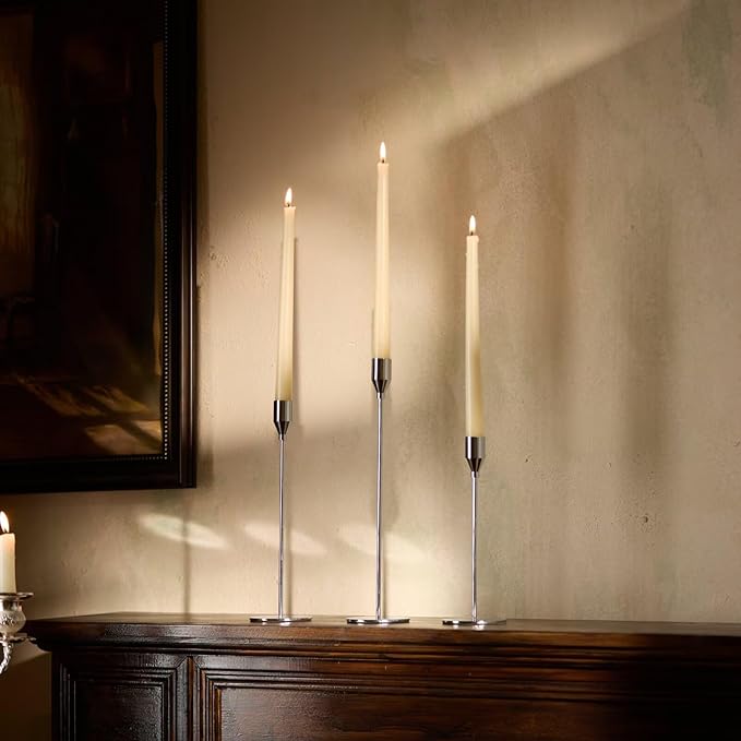 Solid Taper Candle Holders Set of 3, Luxury Silver Long Skinny Candlestick (Heights: 9/11/13 Inch), Heavy Iron Anti-Slip Base for Fireplace Mantle Table Centerpiece Dining Decor