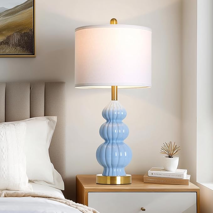 Blue Ceramic Lamps Set of 2, 26.5" Modern Table Lamps for Living Room, Classic Bedside Lamp with Triple Gourd, Elegant Bedroom Lamp for Night Stand Desk Side End Table Home Decor