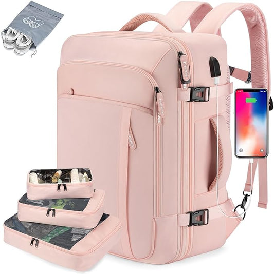 Lumesner Carry on Travel Backpacks, Extra Large 40L Flight Approved for Men & Women,Expandable Suitcase backpack (Pink (Backpack With 4 Packing Cubes))