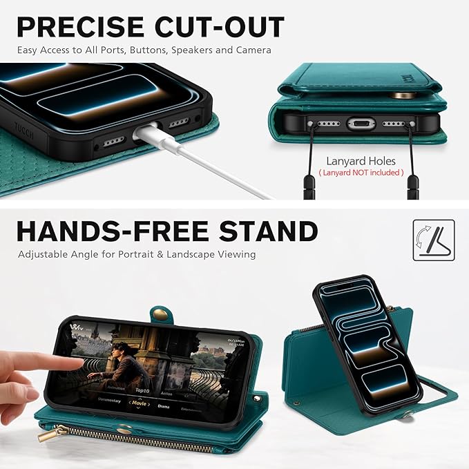 TUCCH Detachable Crossbody Wallet Case for iPhone 17 Pro Max (6.9"), 10 Card Slots RFID Blocking | Lanyard Wrist Strap | Wireless Charging | Zipper Pocket | PU Leather Stand Flip Cover | Bluish Green