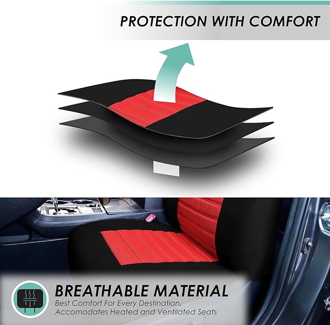 FH Group Automotive Car Seat Covers Full Set Premium 3D Air Mesh Front Seat Covers, Airbag Compatible & Split Bench Cover Universal Fit Interior Accessories for Cars Trucks and SUVs - Red
