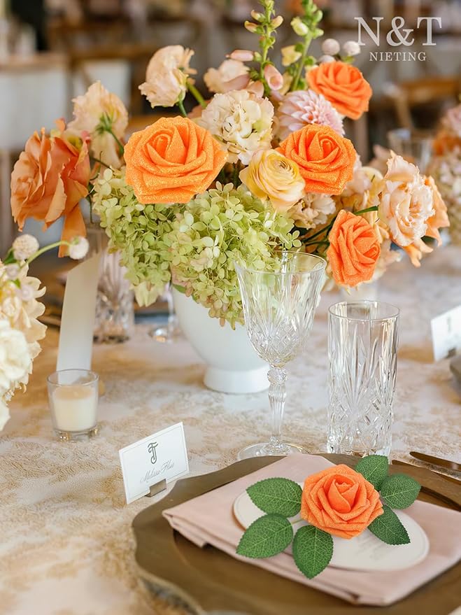 N&T NIETING Artificial Roses Flowers, Fake Glitter Flowers Burnt Orange Roses Perfect for DIY Wedding Bridal Bouquets Centerpieces Bridal Shower Party Home Flower Arrangement Decorations, 25Pcs
