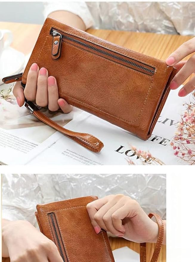Vyrnox Genuine Leather Women's Long Vintage Zipper Money Clip Clutch Bag with RFID Blocking Coin Purse for Women Including Gift Box (Pink)