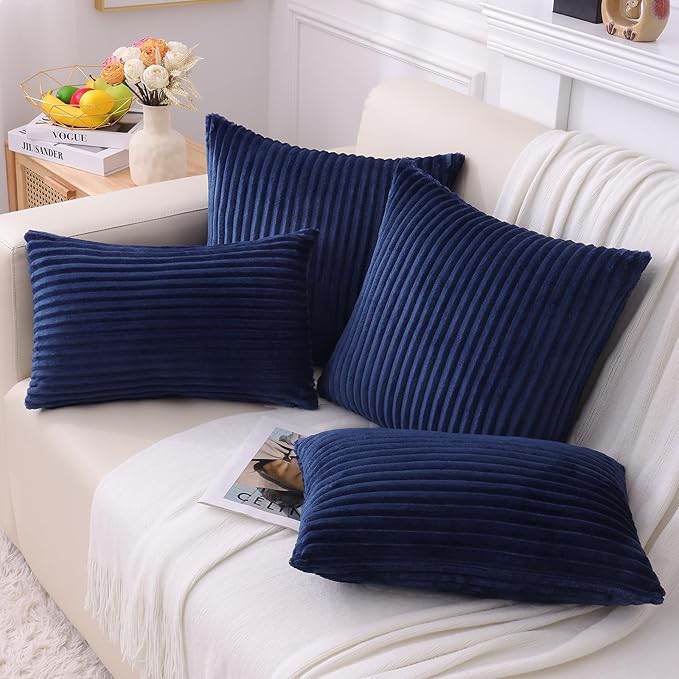 Simmore Decorative Spring Euro Sham Throw Pillow Covers 26x26 Set of 2, Soft Natural Plush Flannel Double-Sided Fluffy Couch Pillow Covers for Sofa Living Room, Navy Blue