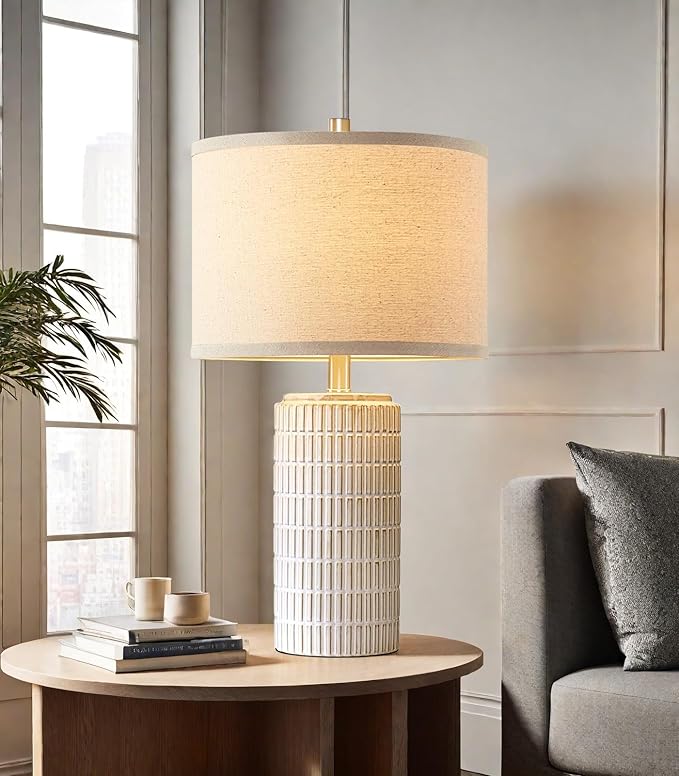 23'' Set of 2 Modern Ceramic Table Lamps for Living Room Bedroom, Nightstand Farmhouse Beige White Desk Lamp for Bedside End Table Entryway, 2 LED Bulbs Included