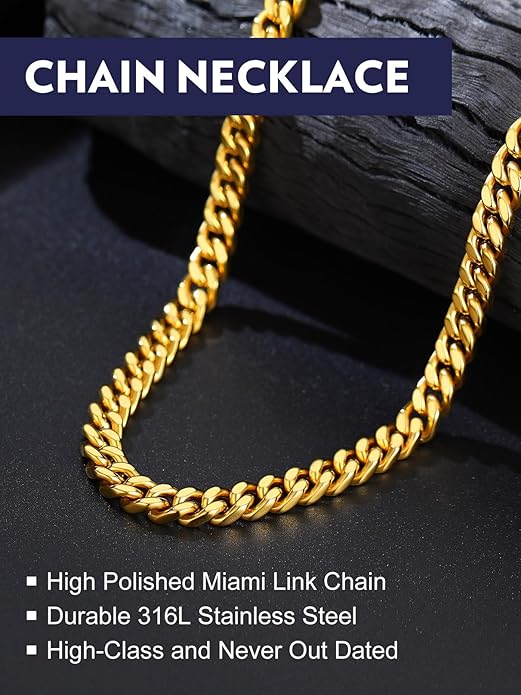 Bandmax Mens Stainless Steel Chain Necklaces 5/7/9/12MM Chunky Miami Cuban Link Chain Necklace Bracelet Silver/Gold Plated/Black Chains for Men 18"-30"