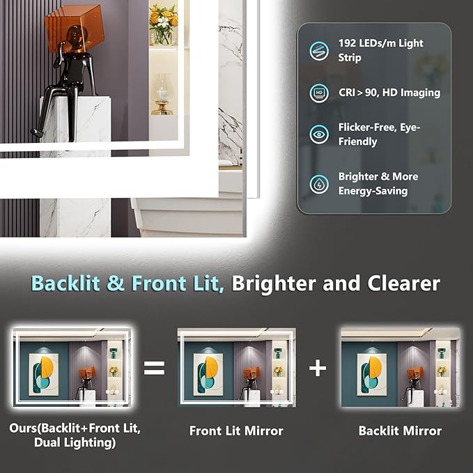 48x36 LED Bathroom Mirror with Lights, Backlit & Front Lit, Anti-Fog Frameless Lighted Vanity Mirrors for Bathroom Wall, Dimmable, 3-Color Light, Memory, Shatter-Proof, Tempered Glass, CRI＞90