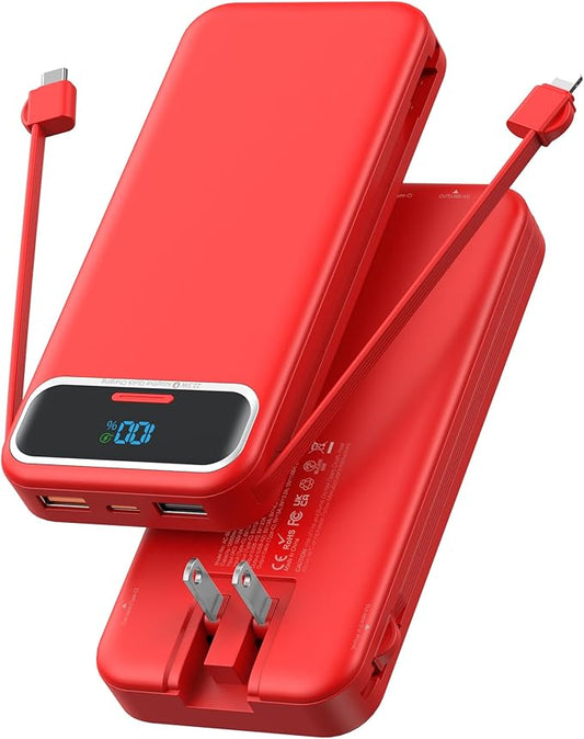 Portable Charger, 12000mAh 22.5W Fast Charging Power Bank with Built-in Cables & Wall Plug, USB C External Battery Pack with LED Display, Travel Essential Charging Bank for iPhone, iPad, Samsung Red