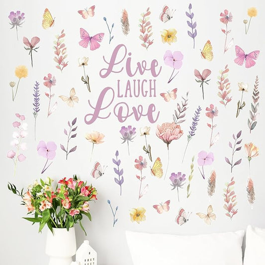 Mfault Watercolor Floral Wall Decals Stickers, Live Laugh Love Flower Butterfly Botanical Decorations Bedroom Art, Spring Summer Wildflower Natural Home Living Room Kitchen Decor