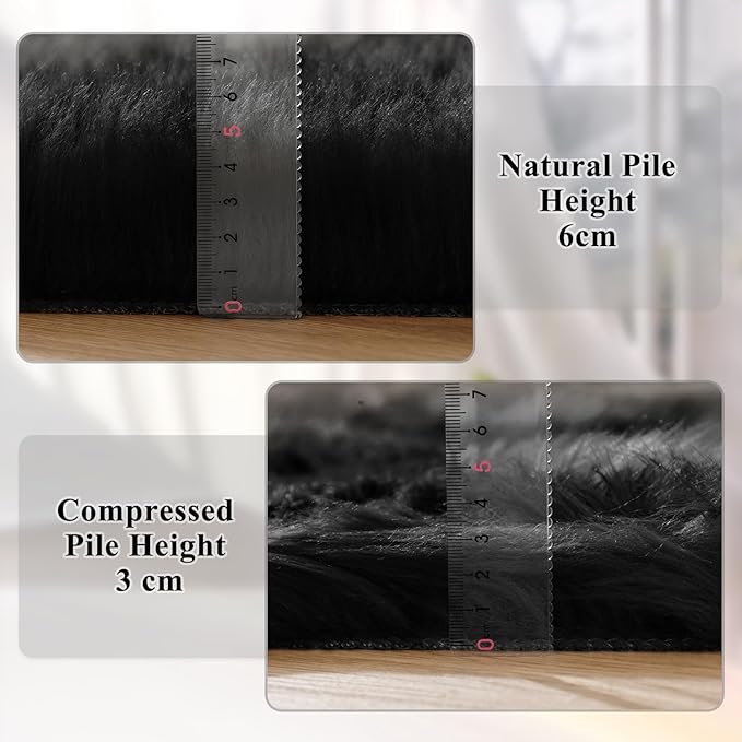 Black Fuzzy Washable Shaggy Area Rugs for Bedroom Small Circle Faux Sheepskin Shag Fur Round Rug 3ft Nursery Rug