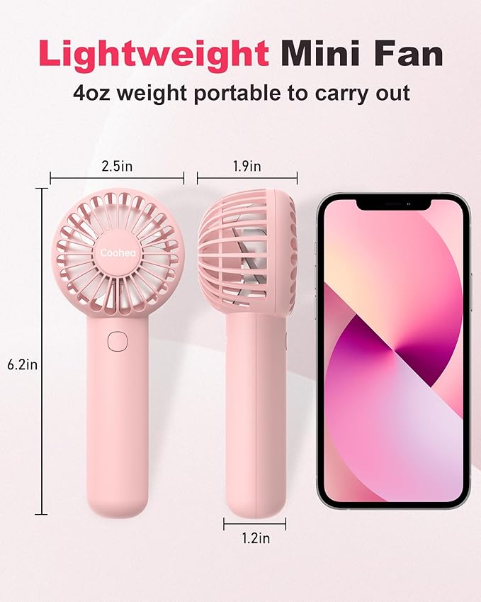 Coohea 2-Pack Pink Handheld Fan, Small Cute Design, 3 Powerful Speeds, Operated by USB/Rechargeable Battery, Portable Personal Fan with Base & Lanyard, for Eyelash Makeup Travel Beach Office Desk