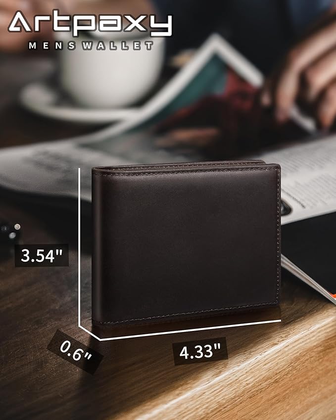 Artpaxy Mens Wallet Genuine Leather Bifold RFID Blocking Wallet for Men with 2 ID Windows 12 Card Holders 2 cash pockets 1 Gift Box