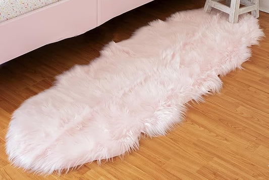 Silky Soft Faux Fur Rug, 2 ft. x 6 ft. Pink Fluffy and Shaggy Sheepskin Area Carpet for Living Rooms, Bedroom, Kid's Room, or Nursery, Home Décor Accent, Machine Washable with Non-Slip Backing