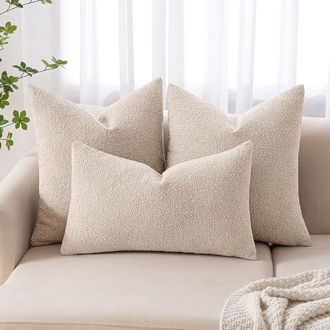 MIULEE 22x22 Inch Decorative Euro Sham Throw Pillows for Bed Set of 2 Textured Boucle Neutral Winter Throw Pillow Covers Oatmeal Accent Solid Euro Couch Pillowcases Sofa Livingroom Home Decor