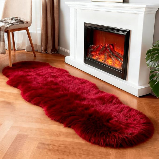 Faux Fur Rug Sheepskin Shag Fluffy Fuzzy Red 2x6 ft Runner Rugs for Bedroom Bedside Bed Floor Living Room Plush High-Density Cushion Carpet Super Sofa Cover