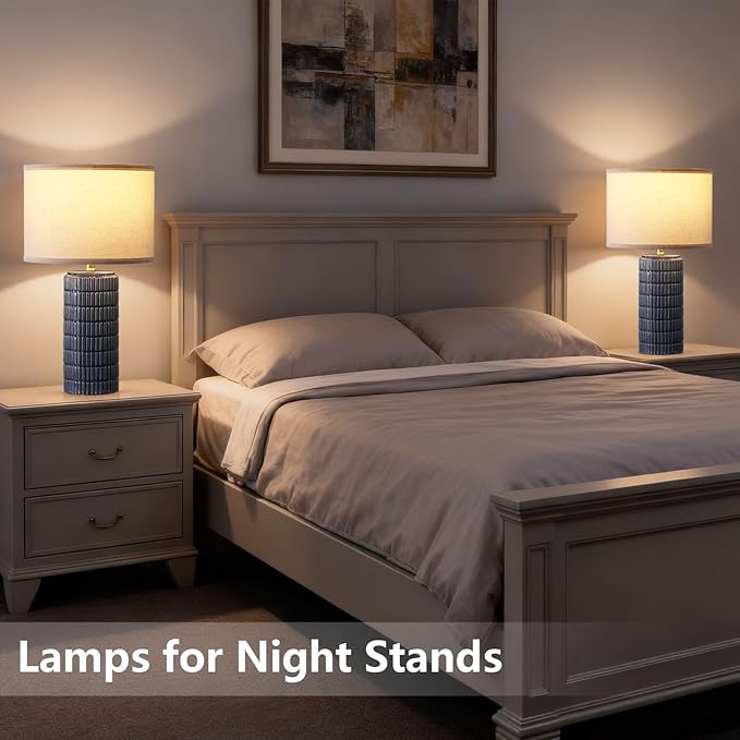 Modern Ceramic Table Lamp Set of 2, Bedside Lamp for Bedroom Decor, Nightstand Lamp with 3 Color Temperatures, Desk Light for Living Room Dorm Office, Blue