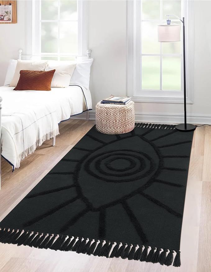Uphome Boho Area Rug 4'x6' Washable Evil Eye Tufted Living Room Rug with Tassels Soft Cotton Woven Nursery Rug Farmhouse Aesthetic Dark Gray Indoor Carpet for Home Kitchen Dining Room Bedroom