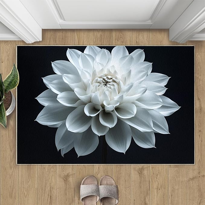Petals Washable Area Rugs 4x5 Non-Slip Dahlia Living Room Rug White Flower Soft for Carpet Low Pile Indoor Door Mat & Room Decor