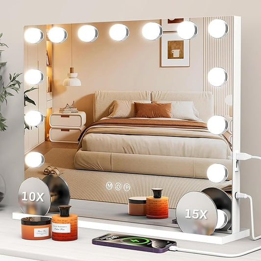 VESAUR Hollywood Vanity Mirror with Lights, Large Lighted Makeup Mirror with 15 Touch Dimmable LED Bulbs, 3 Colors,10X/15X Magnification, USB/Type-C Charging Port, Aluminum Frame, Tabletop/Wall Mount