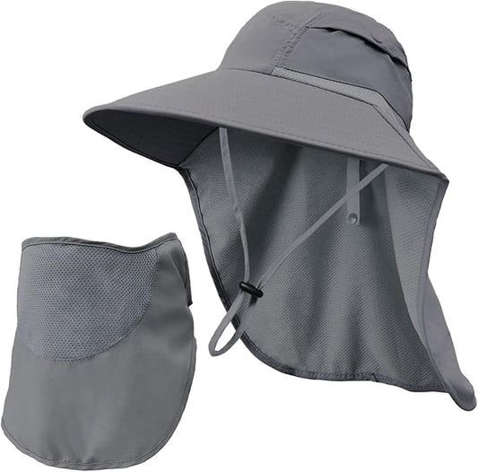 Sun Hats for Men Women Detachable Face Cover Wide Brim Fishing Hats with Neck Flap UPF 50+ Outdoor Safari Hats