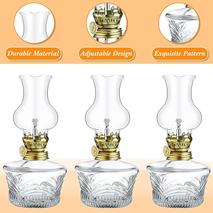 Yexiya 12 Pcs Chamber Oil Lamps Oil Lamp Vintage Glass Kerosene Lamp Bulk with Adjustable Fire Wick Rustic Clear Hurricane with 6.6 ft Extra Wick for Indoor Use Home Decor 8 Inch (Line Style)