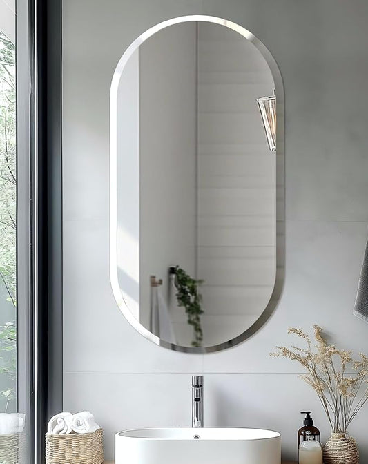 Frameless Oblong Wall Mirror: Decorative Oval Mirrored Glass Vanity with Beveled Silver Edge for Bathroom Bedroom Livingroom Dining Room Entryway Hallway, 40 x 20 inch
