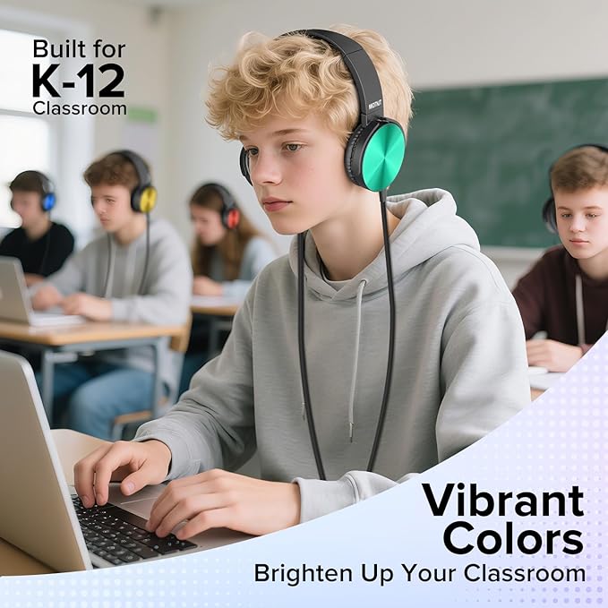 Classroom Headphones Bulk 10 Pack for Kids School,Wholesale Heavy Duty Wire Headsets,Class Set Earphones for Students,Children Toddler Teen Boys Girls and Adult(HTC004,Colorful)