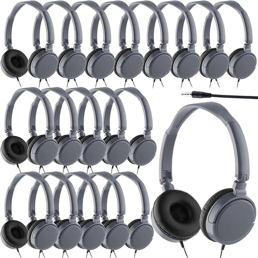 Yunsailing 18 Pack Classroom Headphones Bulk Student Wired Class Headphones Set for School with Individually Wrapped Adjustable Over Ear Head Earbuds (Gray)