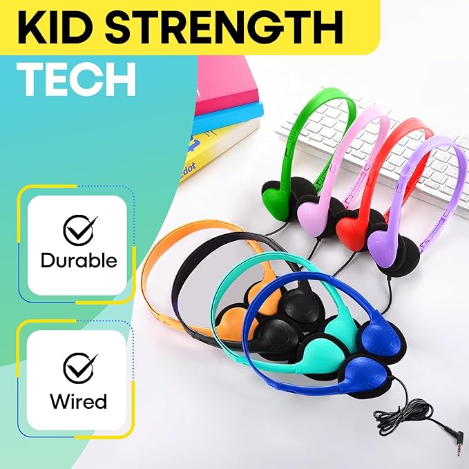 Bulk Headphones 25 Pack for Kids School Classroom, Wholeslae Wired Adjustable On Ear Earphones Class Set for Students Children Toddler Teens Boys Girls and Adult Computer 3.5mm Jack (HY857,25 Mixed)